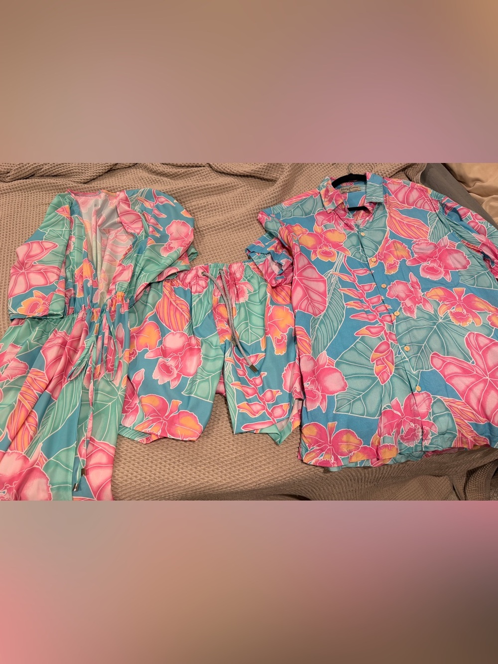 Kenny Flowers Tropical Floral Coverup and Mens Bathing Suit and Matching Shirt